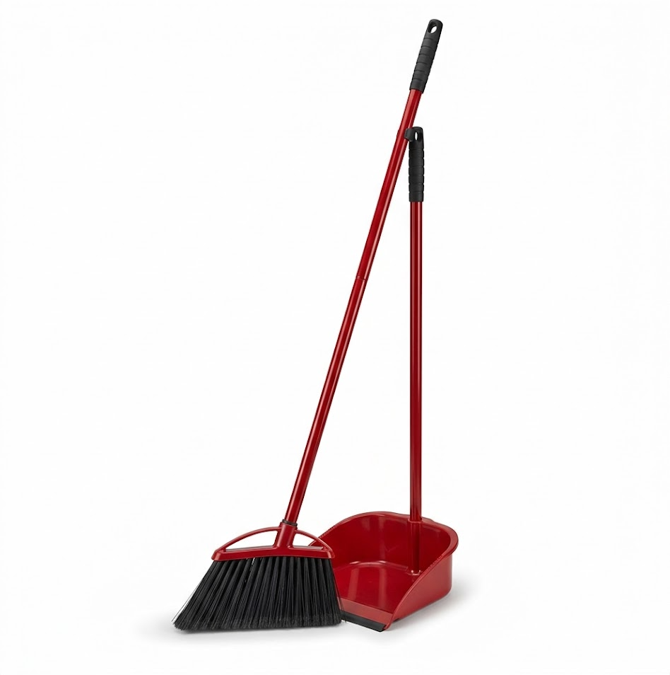 Chancejay - High Power Angle Broom and Dustpan Red Steel Handle and Black Fibers